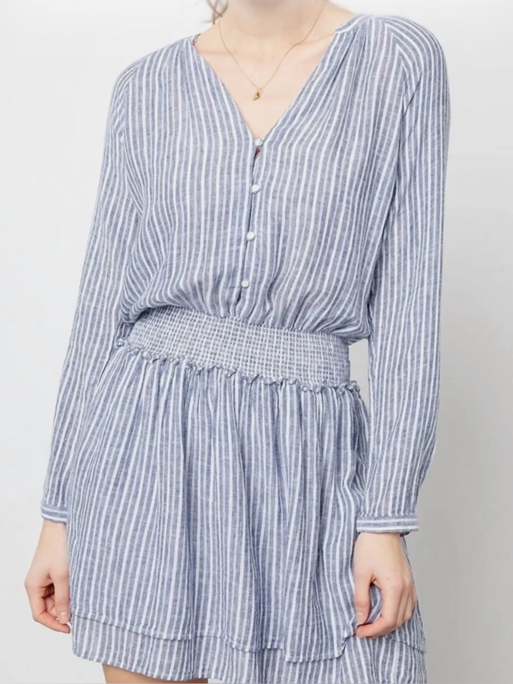 Rails Blue and White Striped Long-Sleeve Smocked-Waist Dress